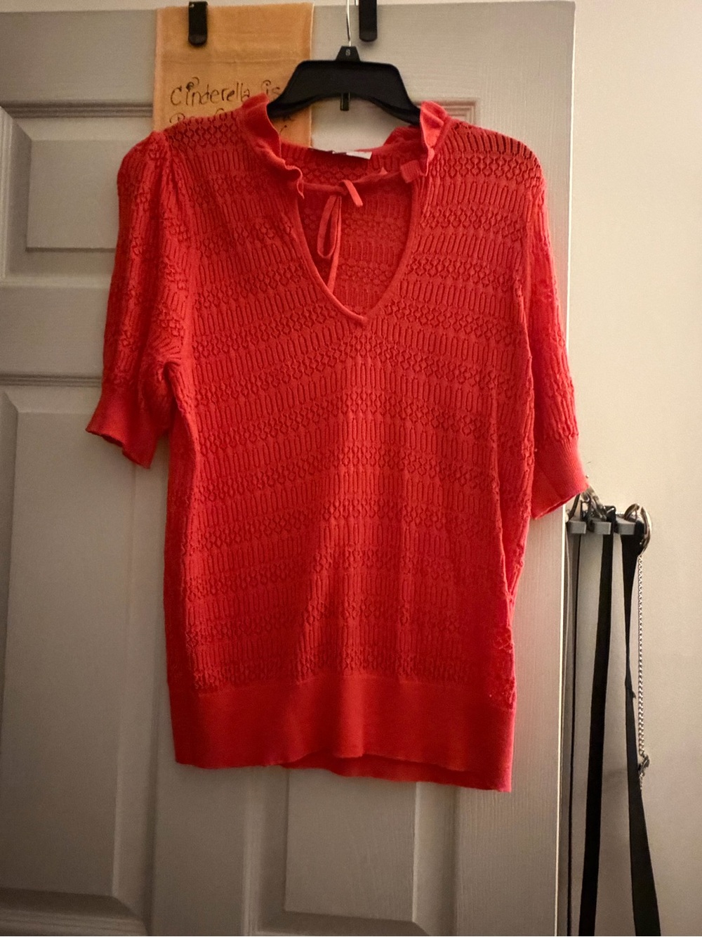 LOFT Coral-Red Knit Short-Sleeve V-Neck Blouse with Tie